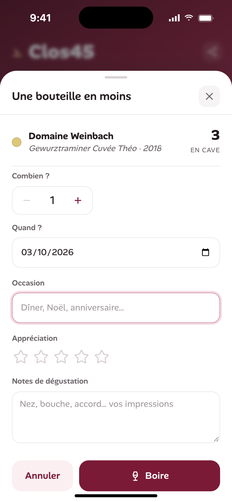 Enregistrer une bouteille bue